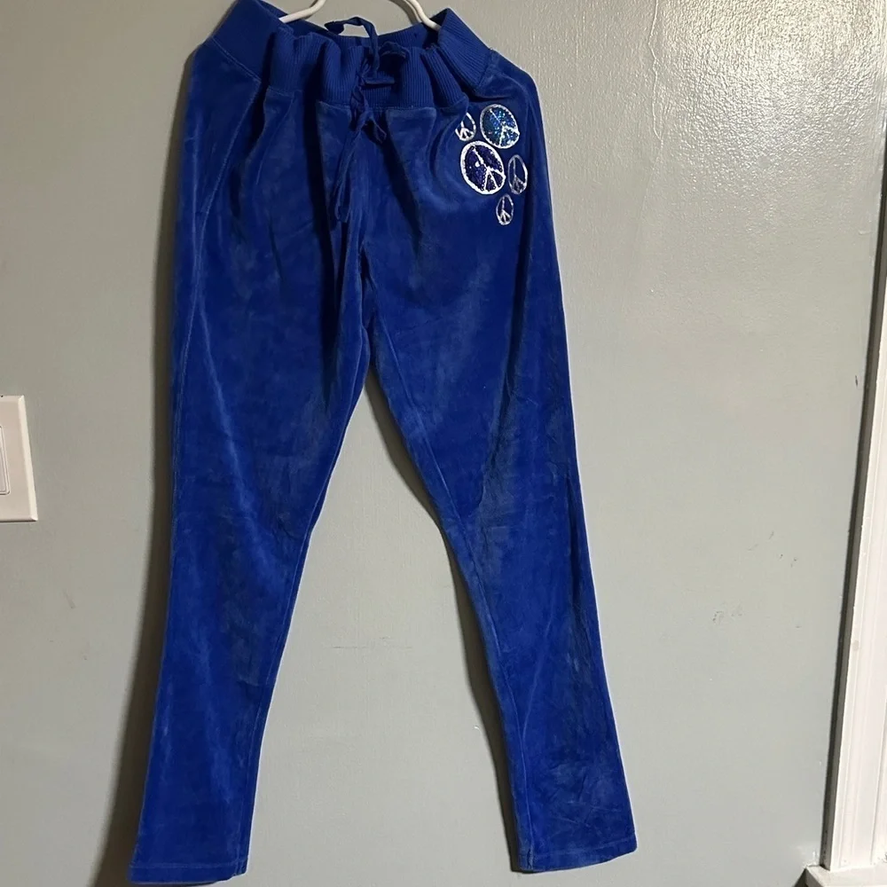 Justice Royal Blue Velour Tracksuit with Peace Signs, Size 12